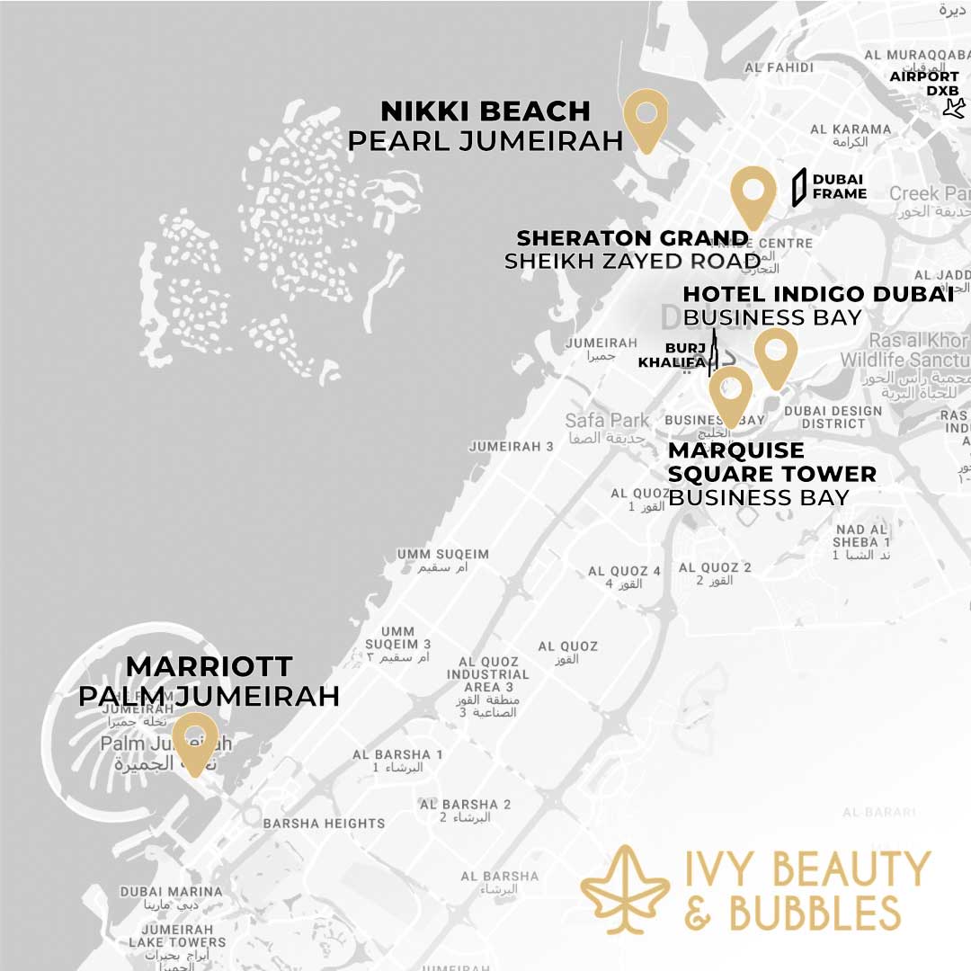 Map showing Ivy salons at Nikki Beach Pearl Jumeirah, Sheraton Grand Sheikh Zayed Road, Hotel Indigo and Marquise Square Business Bay, and Marriott Palm Jumeirah