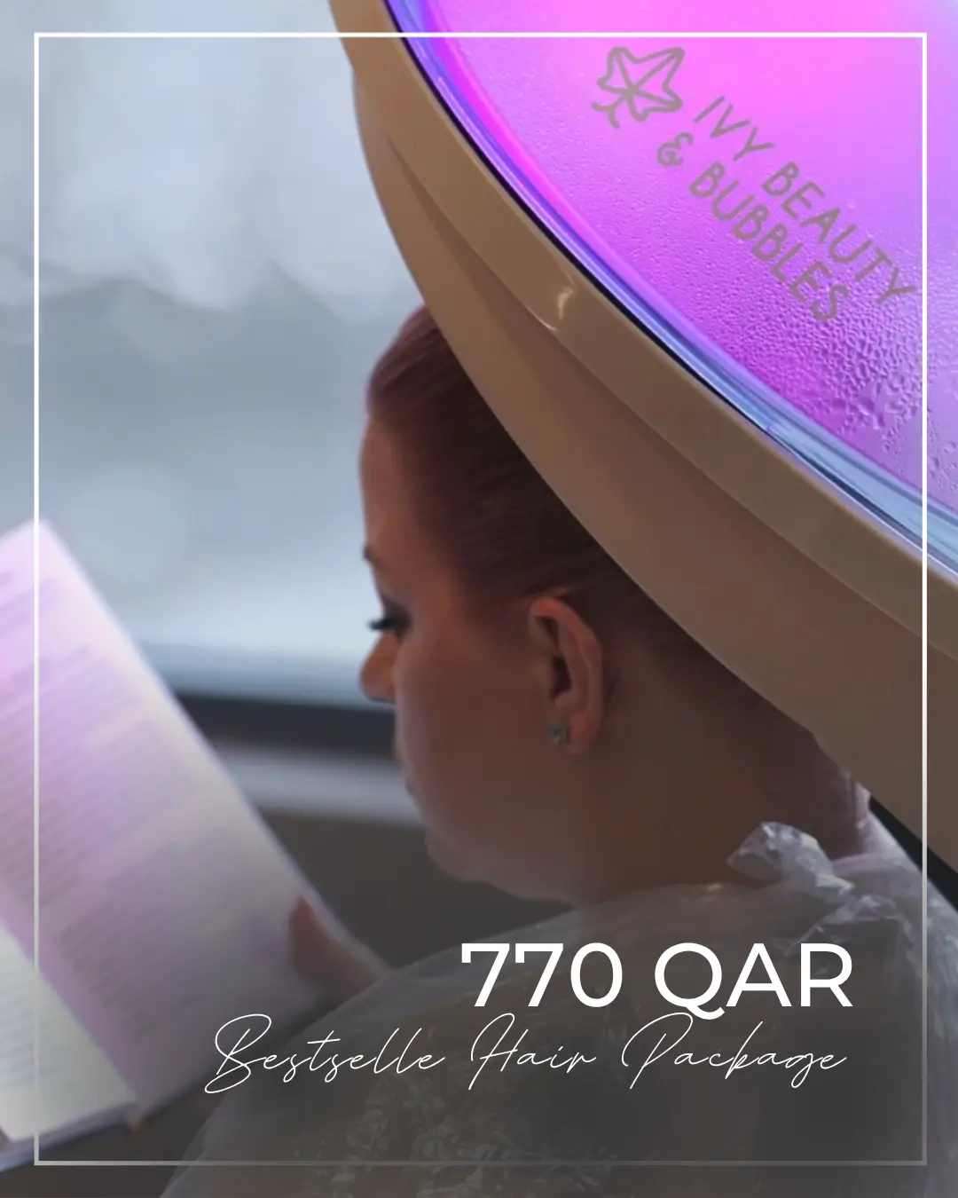تصميم يوضح باقة الشعر الأكثر مبيعًا في آيفي دبي، مع ظهور إحدى العميلات تحت جهاز معالجة الشعر في الصالون.